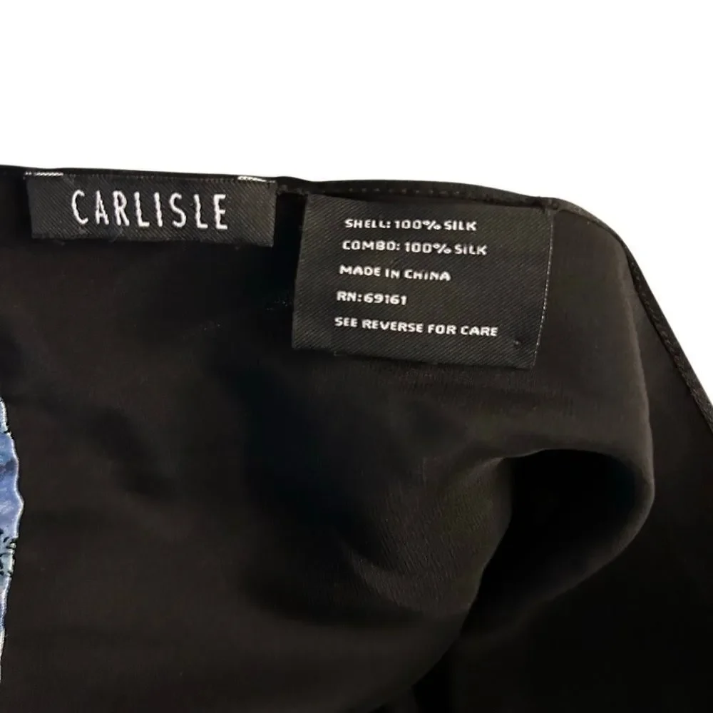 Carlisle Elegant Black Silk Cape Scarf Wrap Blue White Floral Paisley Hem Ruffle